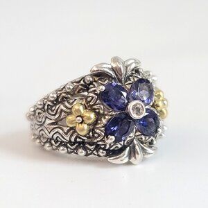 Barbara Bixby Ring Sterling 18K Floral Faux Tanzanite Ornate Scrollwork SZ 7